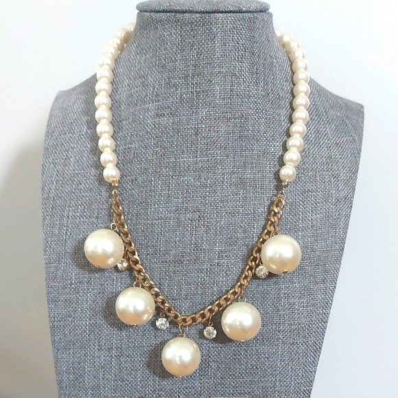 Unique Faux Pearl Chunky Necklace Gold Curb Chain Crstals 17-19" - Picture 1 of 5